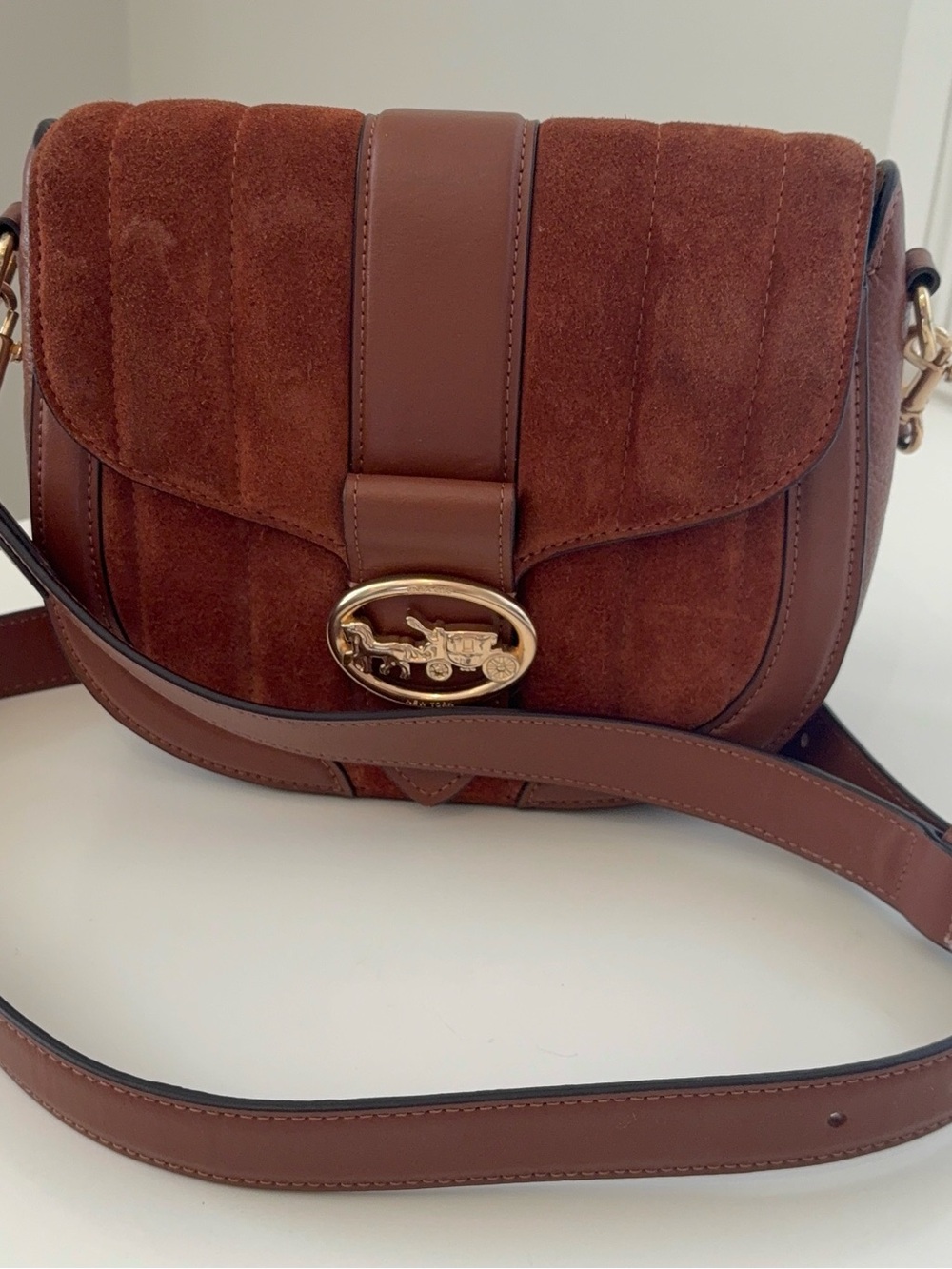 Brown Suede Crossbody Shoulder Bag with Gold Accent